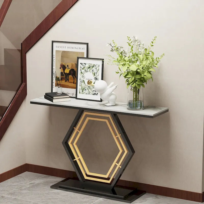 White & Black / Emerald Green & Black Console Table, Geometric Metal Base, 47.2x11.8x30.7"