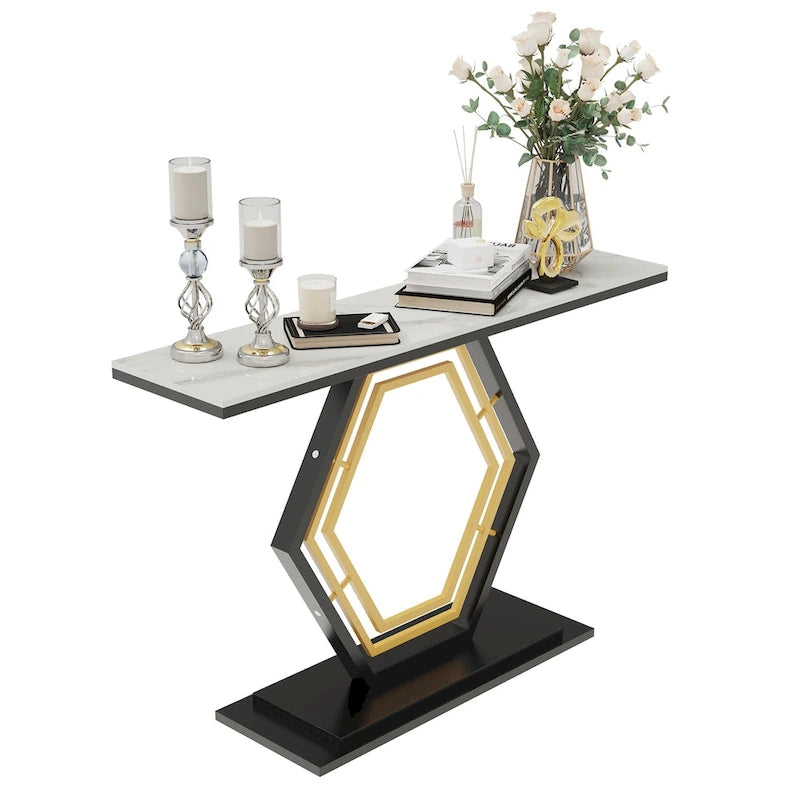 White & Black / Emerald Green & Black Console Table, Geometric Metal Base, 47.2x11.8x30.7"