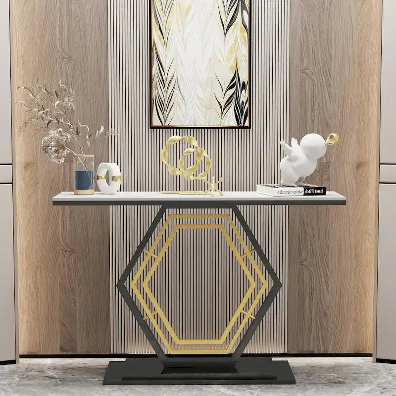 White & Black / Emerald Green & Black Console Table, Geometric Metal Base, 47.2x11.8x30.7"