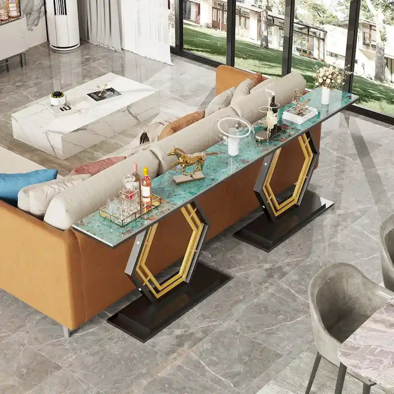 White & Black / Emerald Green & Black Console Table, Geometric Metal Base, 47.2x11.8x30.7"