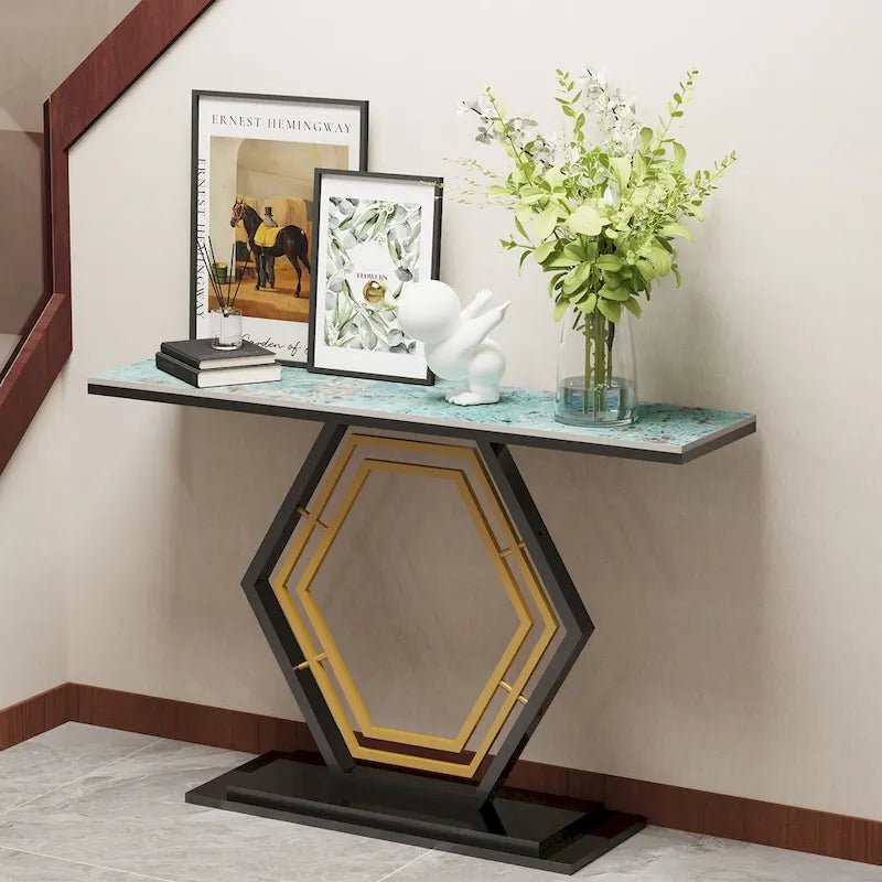 White & Black / Emerald Green & Black Console Table, Geometric Metal Base, 47.2x11.8x30.7"