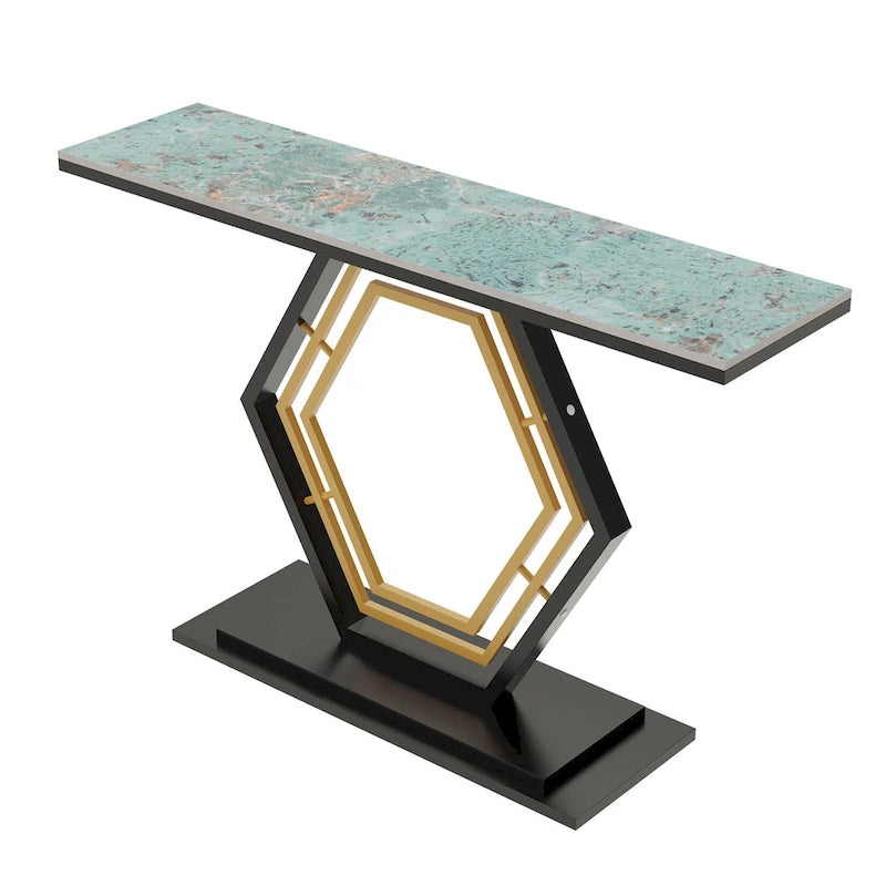 White & Black / Emerald Green & Black Console Table, Geometric Metal Base, 47.2x11.8x30.7"