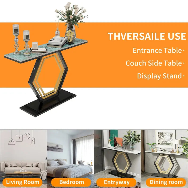 White & Black / Emerald Green & Black Console Table, Geometric Metal Base, 47.2x11.8x30.7"