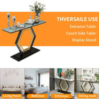 White & Black / Emerald Green & Black Console Table, Geometric Metal Base, 47.2x11.8x30.7"