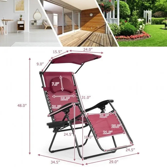 Dark Red Folding Reclining Lounge Chair with Sunshade & Cup Holder – 1-Person
