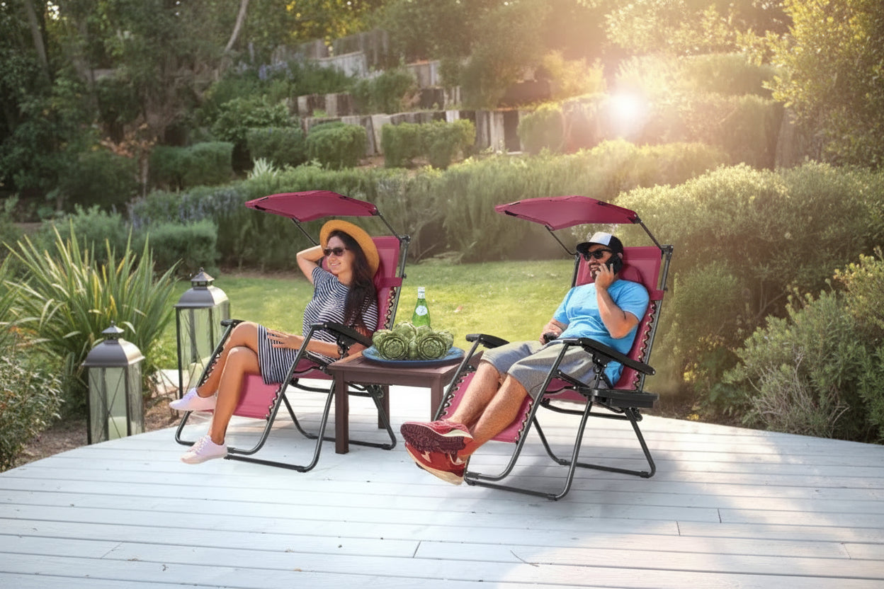 Dark Red Folding Reclining Lounge Chair with Sunshade & Cup Holder – 1-Person