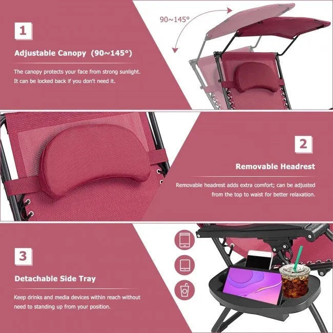 Dark Red Folding Reclining Lounge Chair with Sunshade & Cup Holder – 1-Person