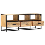 Brown TV Stand, Industrial Style, Solid Mango Wood, 3 Drawers & 3 Shelves, Seats up to 47.2"