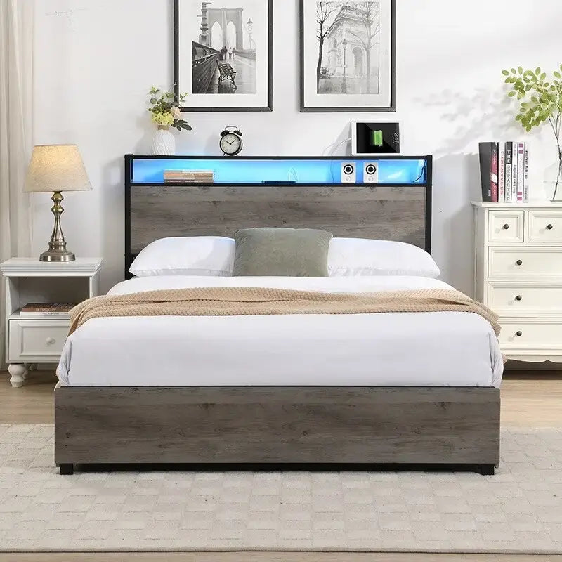 Black Storage Bed Frame with LED Headboard & Charging Station, Full/Queen, Sleeps 1–2