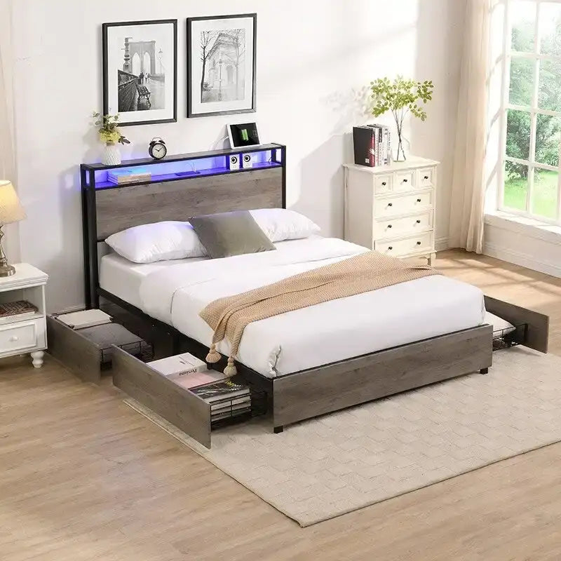 Black Storage Bed Frame with LED Headboard & Charging Station, Full/Queen, Sleeps 1–2