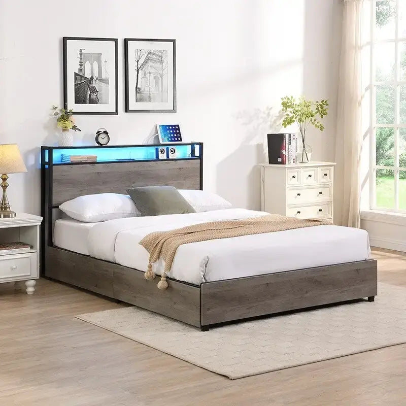 Black Storage Bed Frame with LED Headboard & Charging Station, Full/Queen, Sleeps 1–2