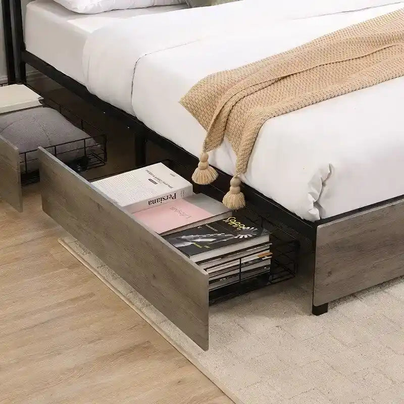 Black Storage Bed Frame with LED Headboard & Charging Station, Full/Queen, Sleeps 1–2