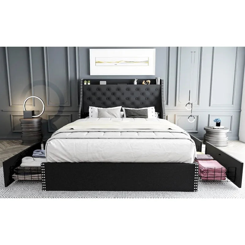 Black / Grey Velvet Wingback Bed Frame with Storage – Full / Queen, 2-Person