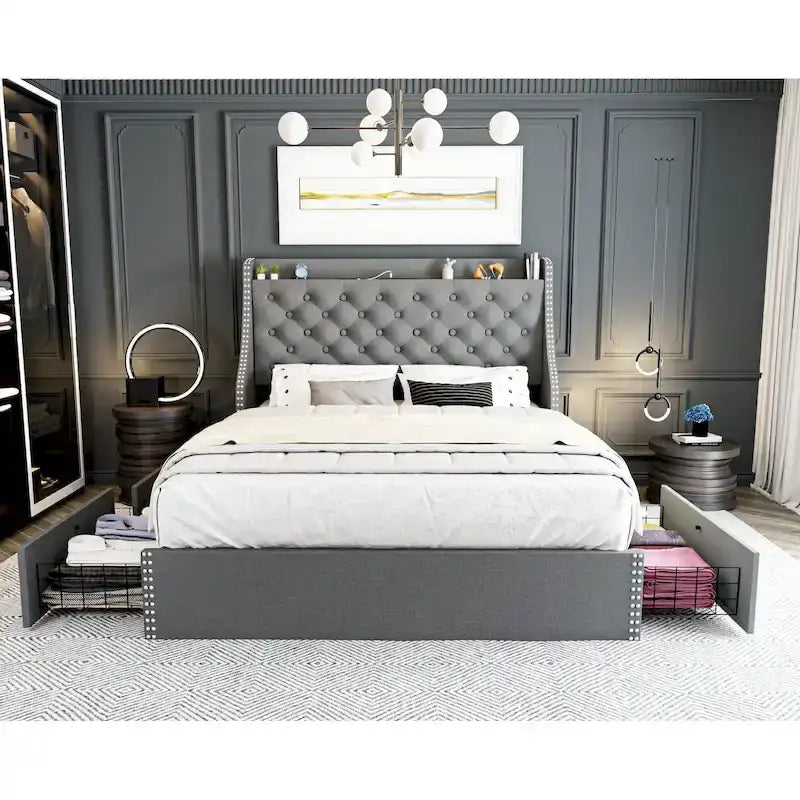 Black / Grey Velvet Wingback Bed Frame with Storage – Full / Queen, 2-Person