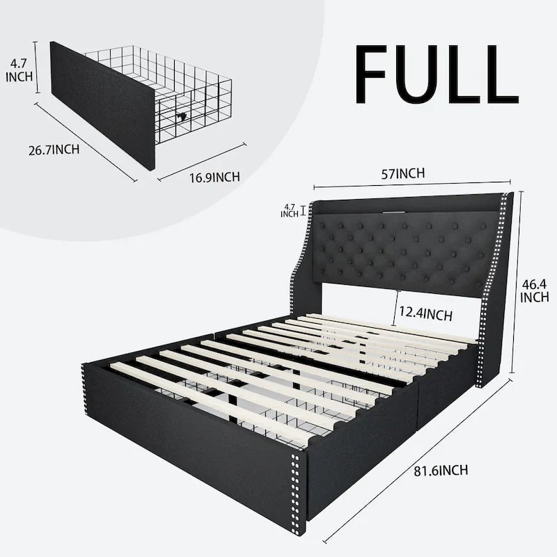 Black / Grey Velvet Wingback Bed Frame with Storage – Full / Queen, 2-Person