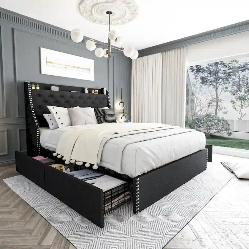 Black / Grey Velvet Wingback Bed Frame with Storage – Full / Queen, 2-Person