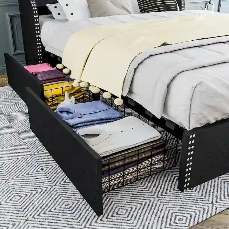 Black / Grey Velvet Wingback Bed Frame with Storage – Full / Queen, 2-Person