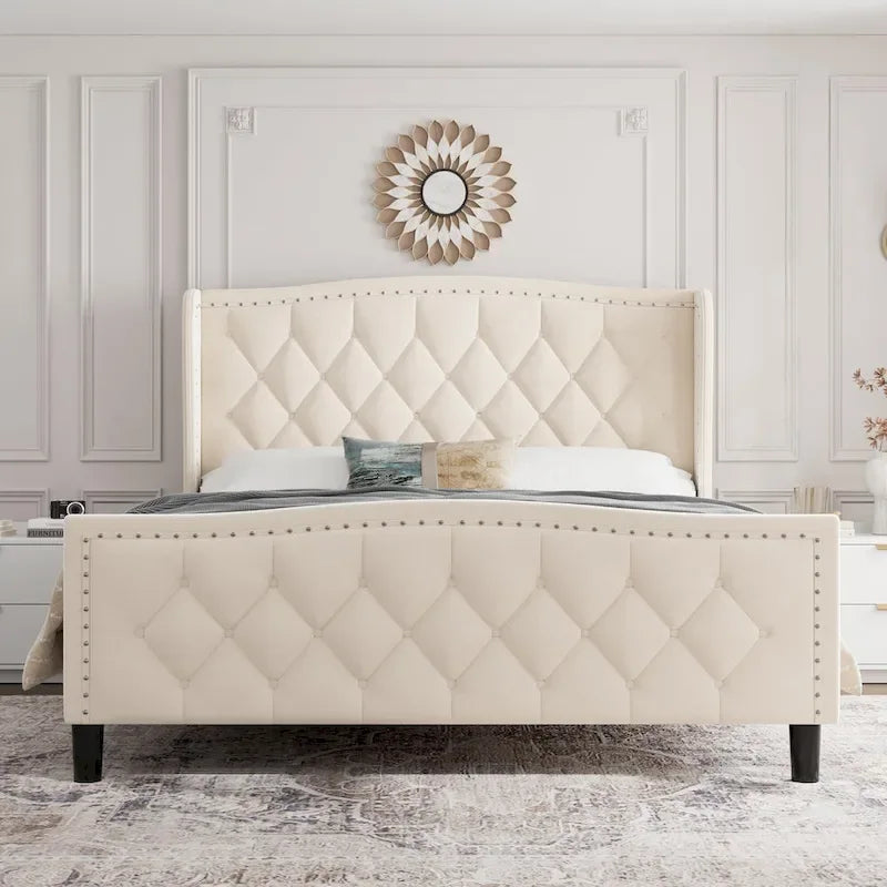 Black / Grey Velvet Wingback Bed Frame with Storage – Full / Queen, 2-Person