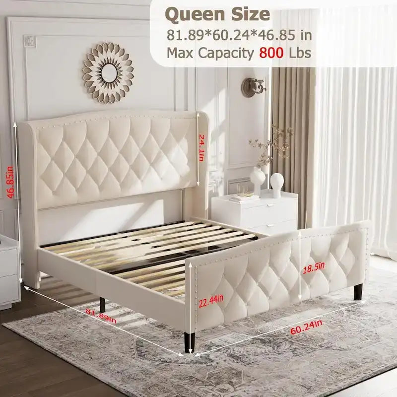 Black / Grey Velvet Wingback Bed Frame with Storage – Full / Queen, 2-Person