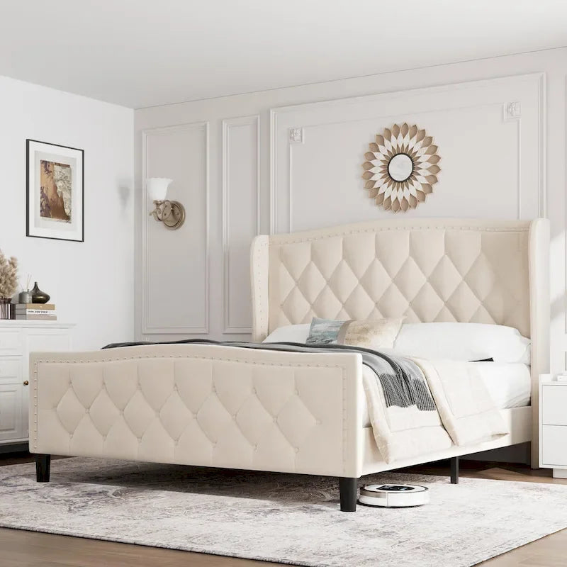 Black / Grey Velvet Wingback Bed Frame with Storage – Full / Queen, 2-Person