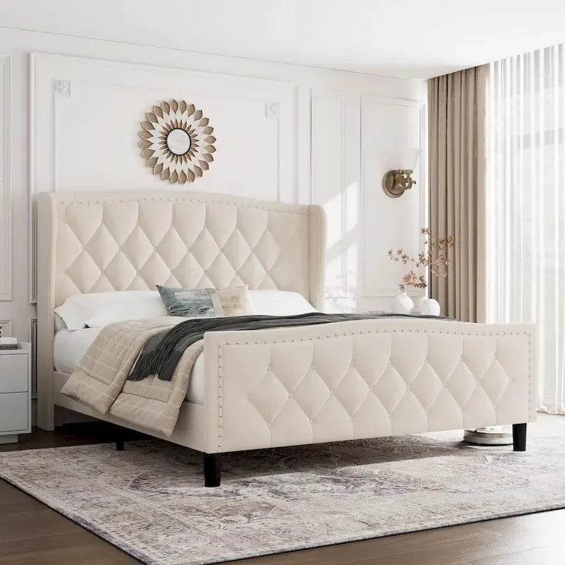 Black / Grey Velvet Wingback Bed Frame with Storage – Full / Queen, 2-Person