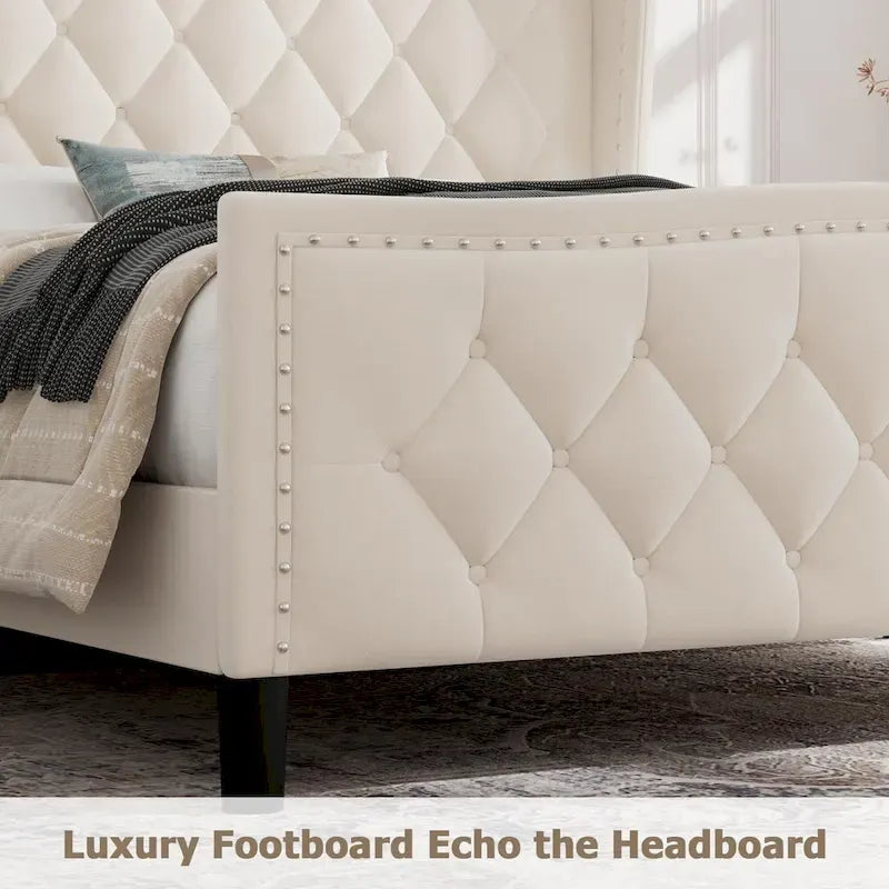 Black / Grey Velvet Wingback Bed Frame with Storage – Full / Queen, 2-Person
