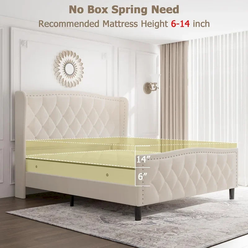 Black / Grey Velvet Wingback Bed Frame with Storage – Full / Queen, 2-Person