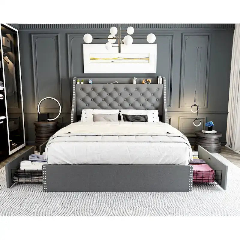 Black / Grey Velvet Wingback Bed Frame with Storage – Full / Queen, 2-Person