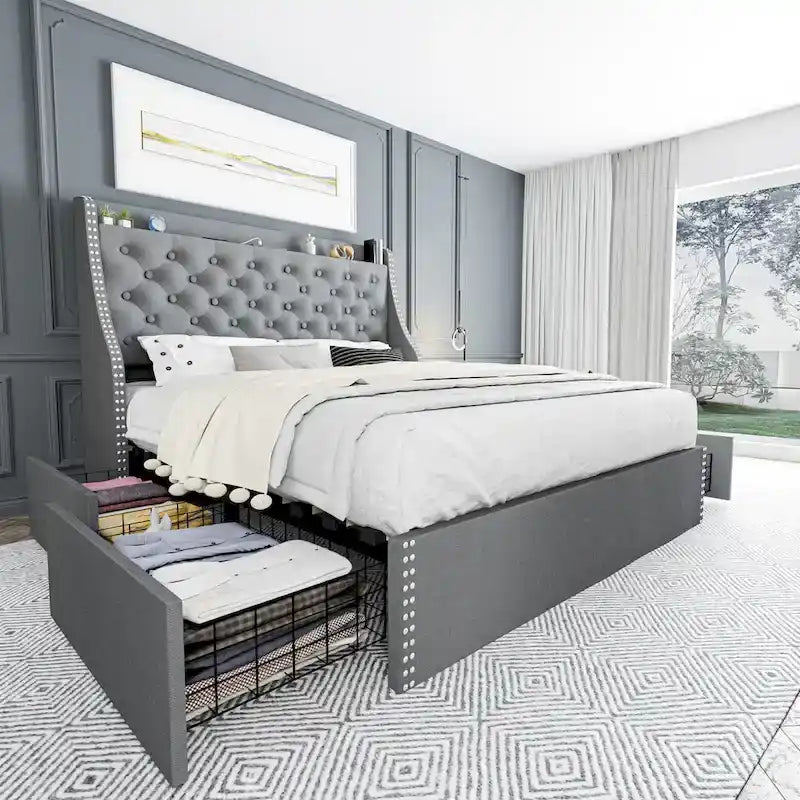 Black / Grey Velvet Wingback Bed Frame with Storage – Full / Queen, 2-Person
