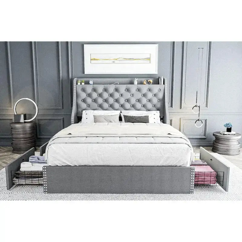 Black / Grey Velvet Wingback Bed Frame with Storage – Full / Queen, 2-Person