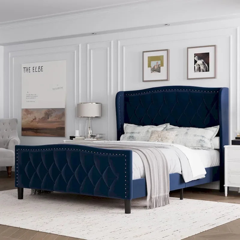 Black / Grey Velvet Wingback Bed Frame with Storage – Full / Queen, 2-Person