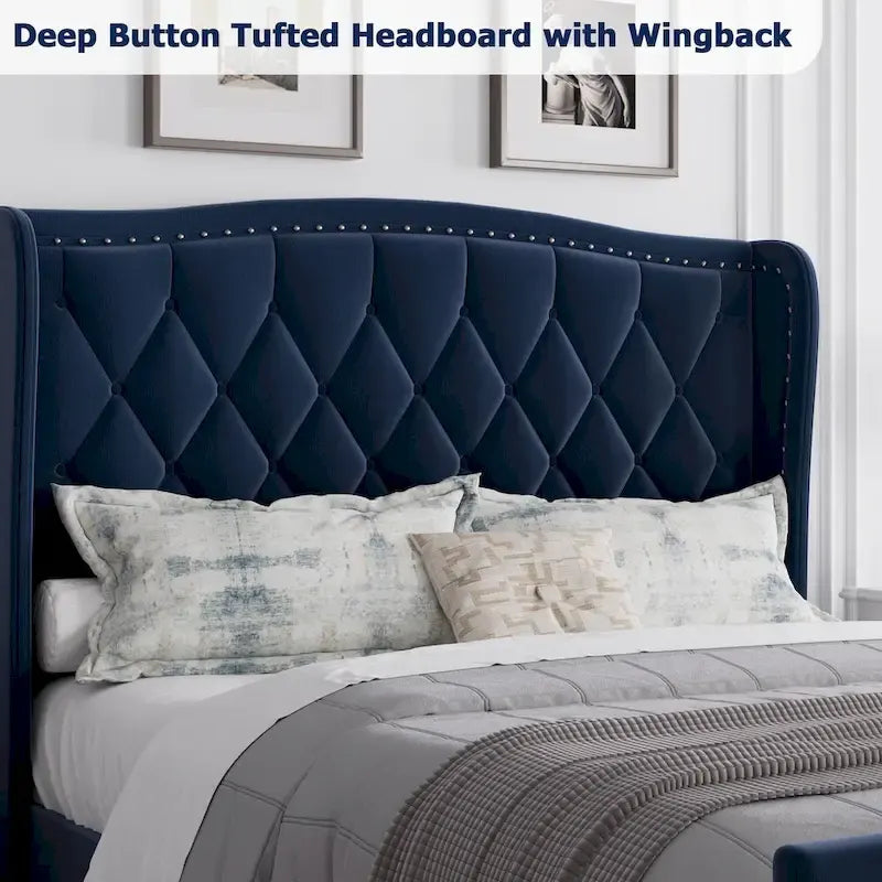 Black / Grey Velvet Wingback Bed Frame with Storage – Full / Queen, 2-Person