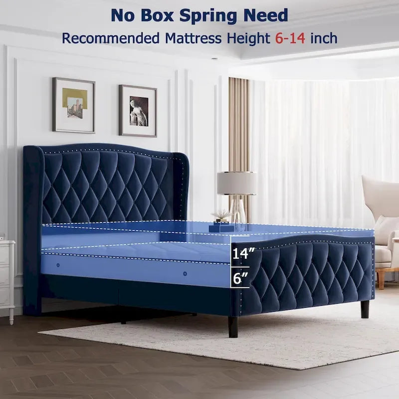 Black / Grey Velvet Wingback Bed Frame with Storage – Full / Queen, 2-Person