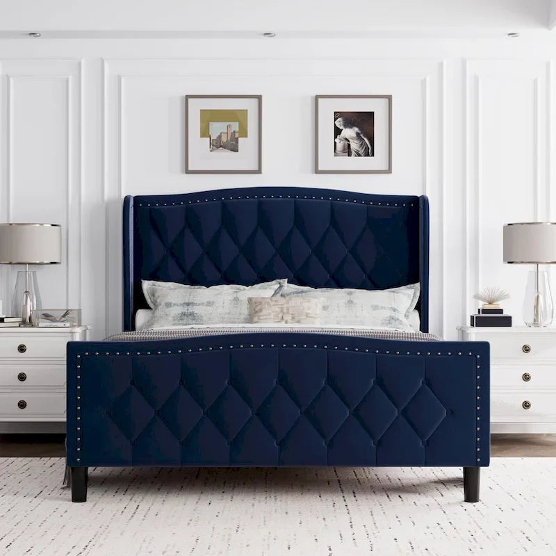 Black / Grey Velvet Wingback Bed Frame with Storage – Full / Queen, 2-Person
