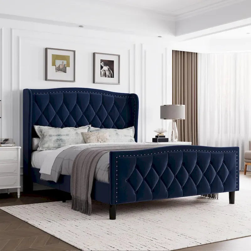Black / Grey Velvet Wingback Bed Frame with Storage – Full / Queen, 2-Person