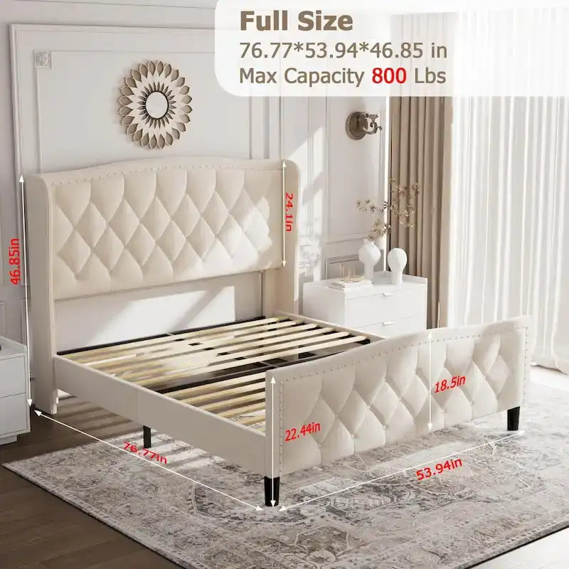 Black / Grey Velvet Wingback Bed Frame with Storage – Full / Queen, 2-Person