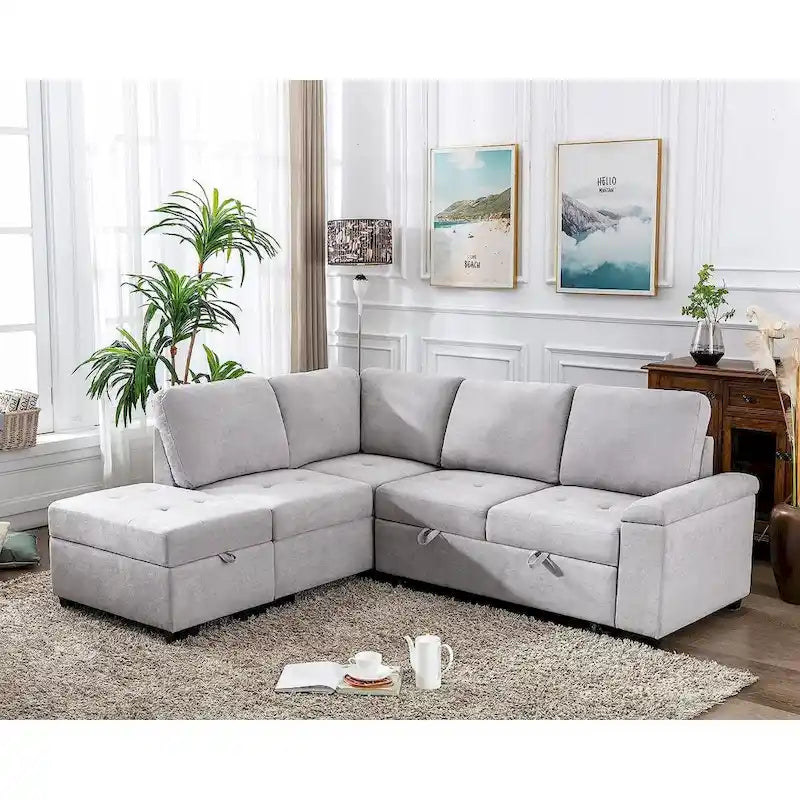 Gray / Dark Gray / Black L-Shaped Velvet Sleeper Sectional Sofa, 5-Seat