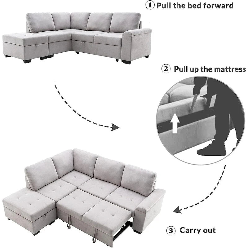 Gray / Dark Gray / Black L-Shaped Velvet Sleeper Sectional Sofa, 5-Seat