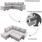 Gray / Dark Gray / Black L-Shaped Velvet Sleeper Sectional Sofa, 5-Seat