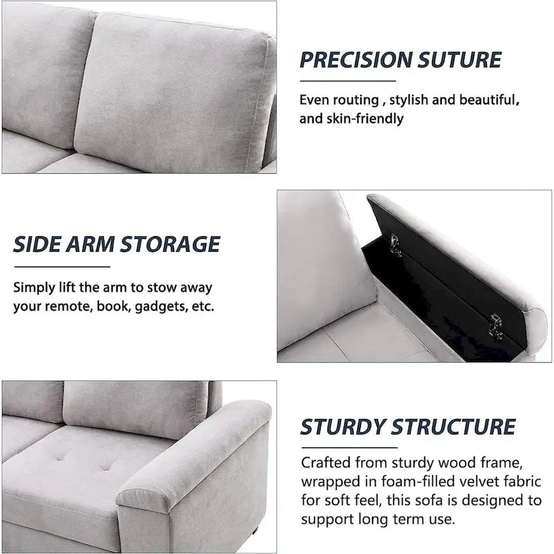 Gray / Dark Gray / Black L-Shaped Velvet Sleeper Sectional Sofa, 5-Seat