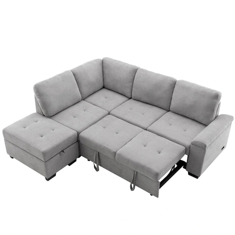 Gray / Dark Gray / Black L-Shaped Velvet Sleeper Sectional Sofa, 5-Seat