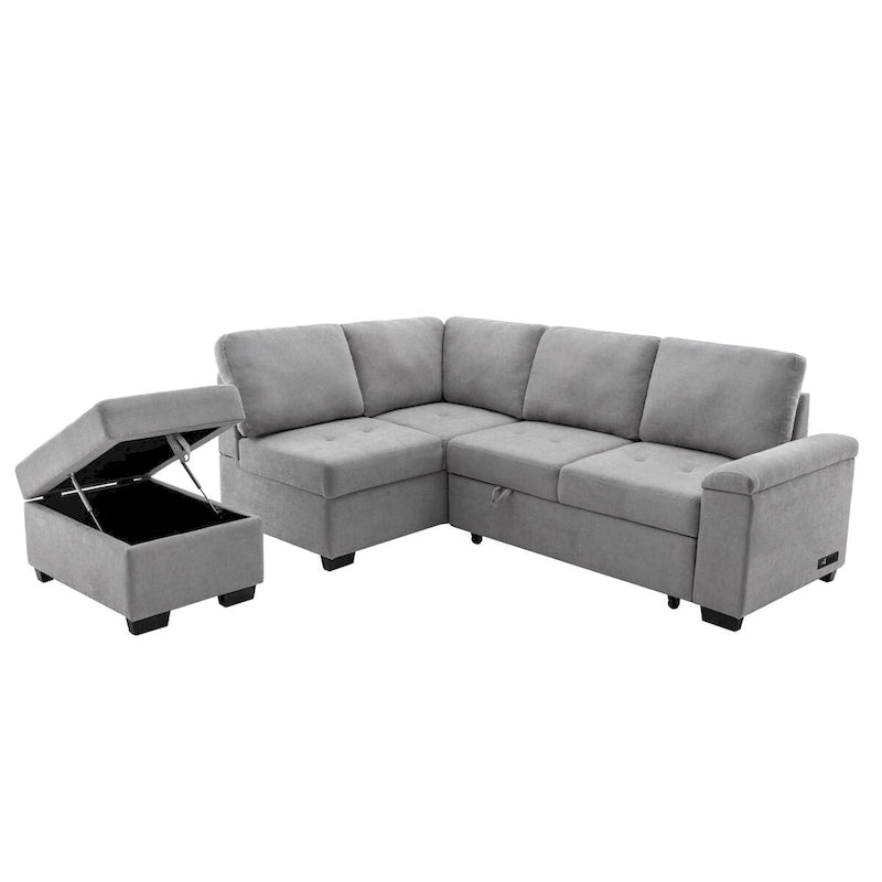 Gray / Dark Gray / Black L-Shaped Velvet Sleeper Sectional Sofa, 5-Seat