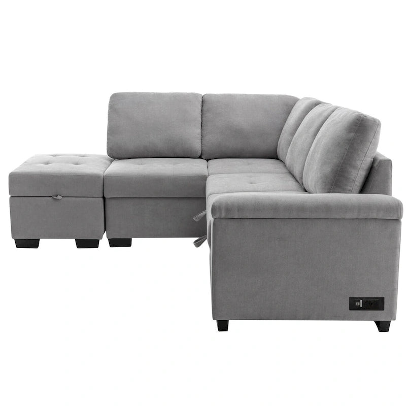 Gray / Dark Gray / Black L-Shaped Velvet Sleeper Sectional Sofa, 5-Seat