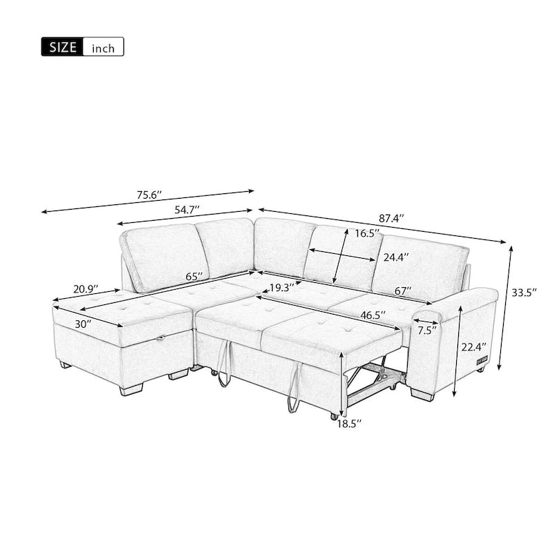 Gray / Dark Gray / Black L-Shaped Velvet Sleeper Sectional Sofa, 5-Seat