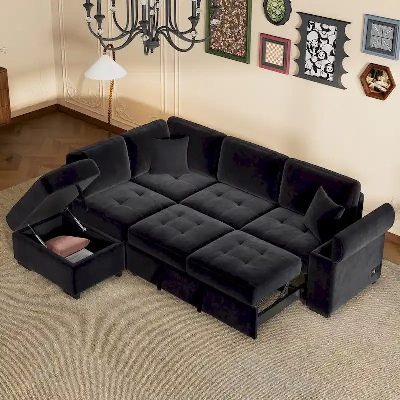 Gray / Dark Gray / Black L-Shaped Velvet Sleeper Sectional Sofa, 5-Seat