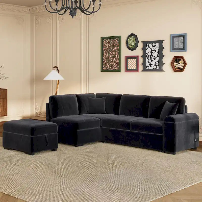 Gray / Dark Gray / Black L-Shaped Velvet Sleeper Sectional Sofa, 5-Seat