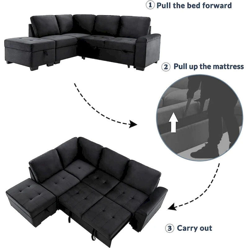 Gray / Dark Gray / Black L-Shaped Velvet Sleeper Sectional Sofa, 5-Seat