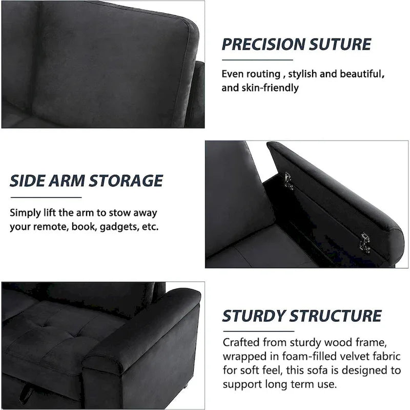 Gray / Dark Gray / Black L-Shaped Velvet Sleeper Sectional Sofa, 5-Seat