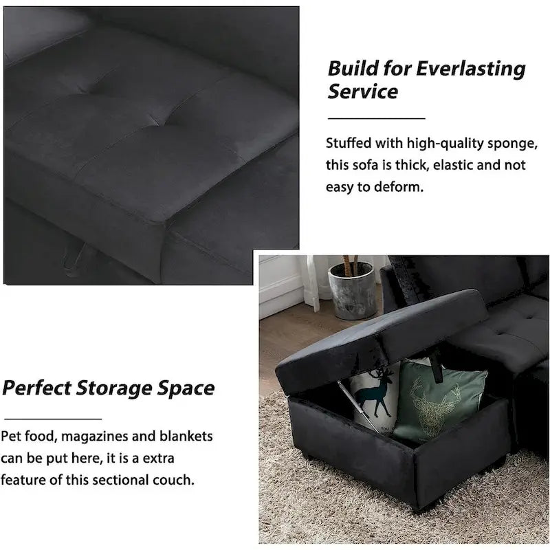 Gray / Dark Gray / Black L-Shaped Velvet Sleeper Sectional Sofa, 5-Seat