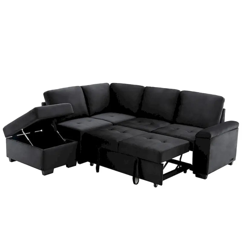 Gray / Dark Gray / Black L-Shaped Velvet Sleeper Sectional Sofa, 5-Seat